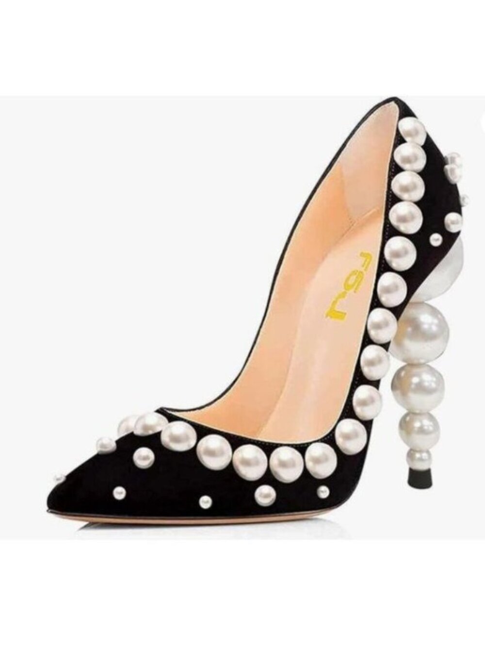 FSJ Black Slip On Pearls Beaded High Heels Slip On Pumps Pointed Toe Club Shoes